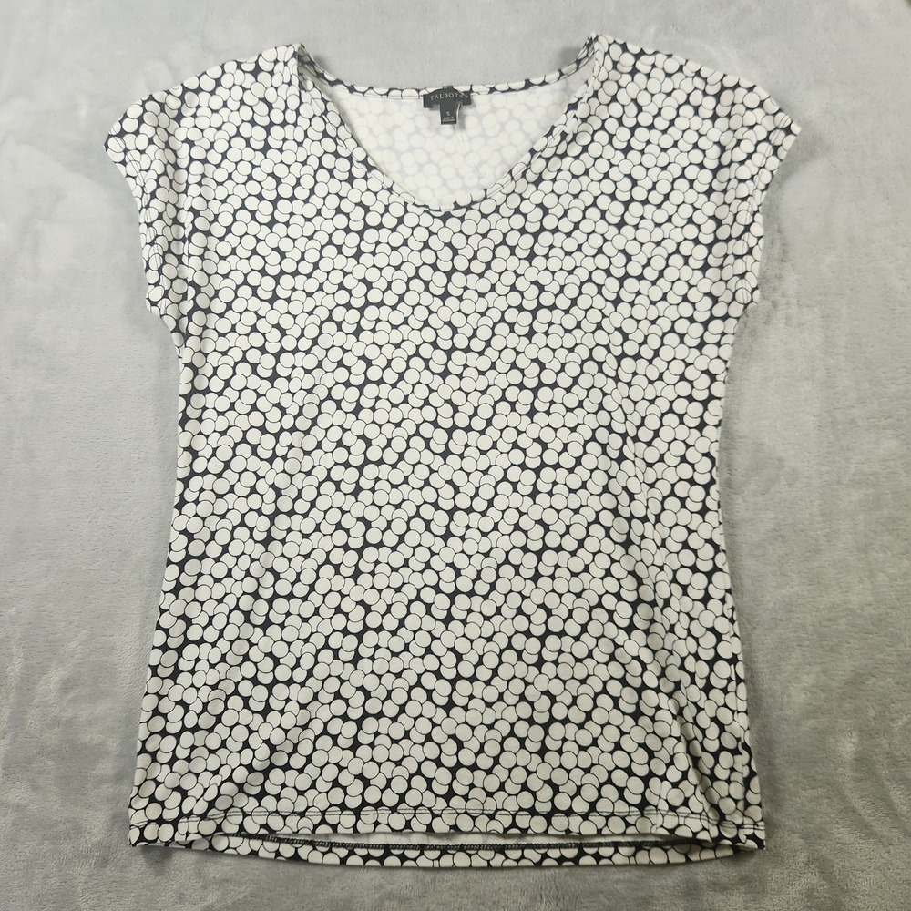 Talbots Polka Dot Top Women's Small Navy Blue & White Short Sleeve Round Neck‎